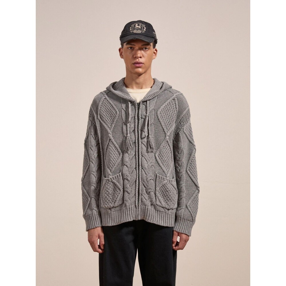 ProfoundCo New York Cable Knit Full Zip Hoodie Sweater Jacket Gray Chunky Medium